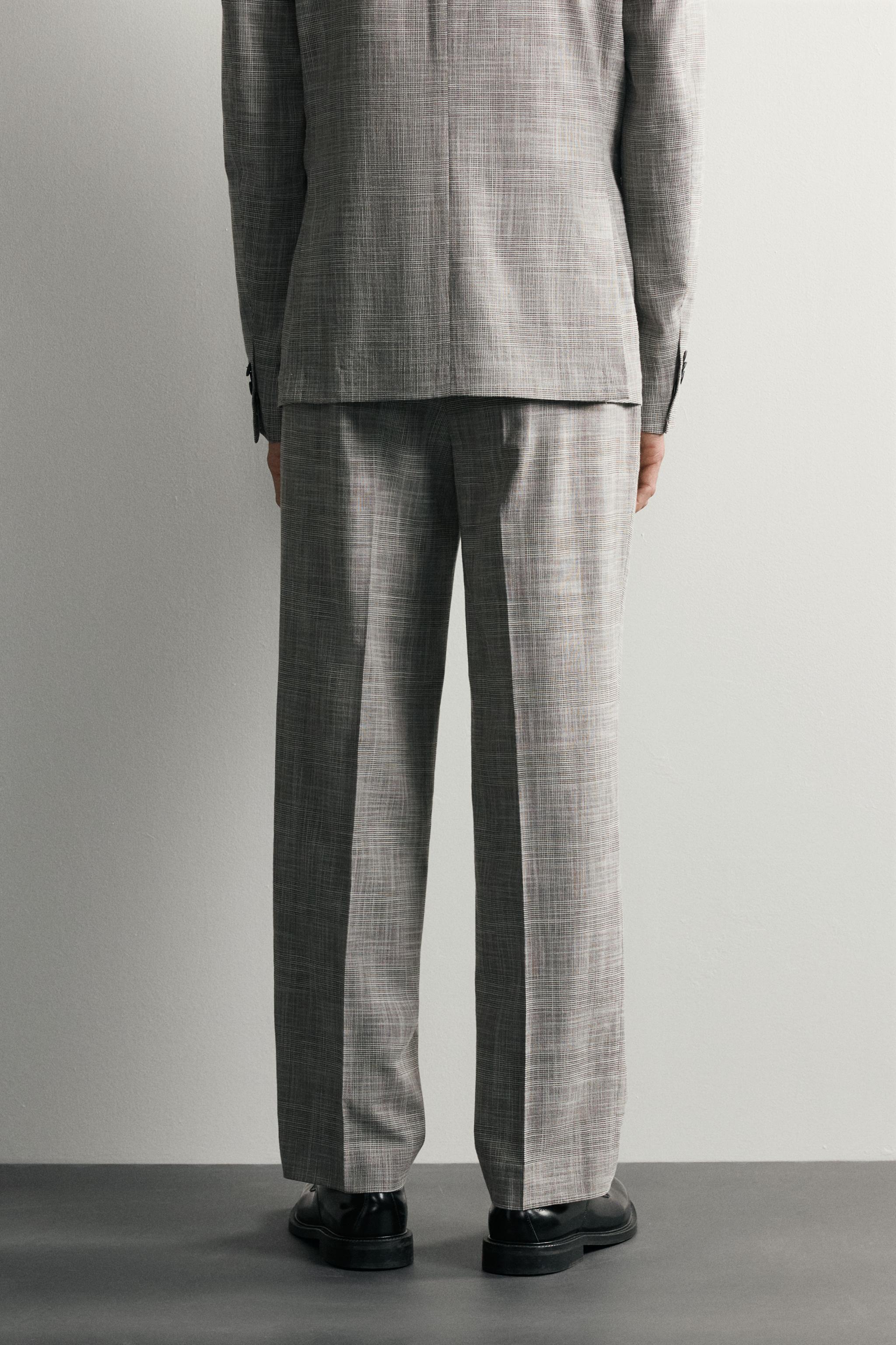CHECKED WOOL BLEND PLEATED SUIT PANTS